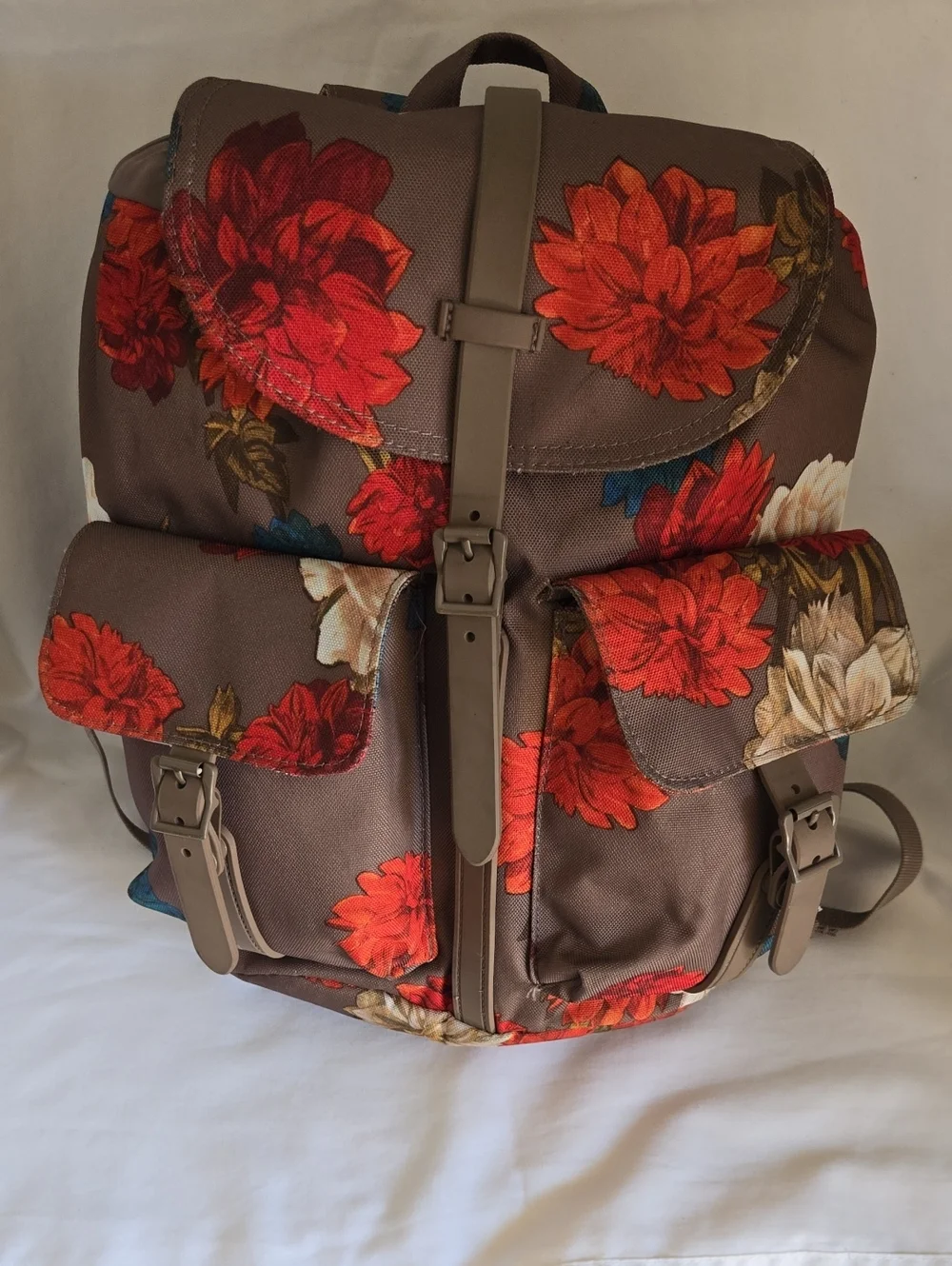 Floral Canvas Men's Backpack - Brown with Red Flower Print